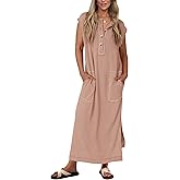 KIRUNDO Womens Summer Dresses 2026 Spring Ribbed Knit Henley Short Sleeve Maxi Dress Button Up Loose Beach Vacation Sundress