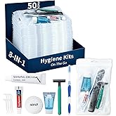50 Pack Hygiene Kits for Homeless in Bulk, 8-in-1 Personal Toiletry Kit Individually Packed with Toothbrush, Toothpaste, Comb, Flossers,Shampoo, Soap, Razor & Shaving Cream