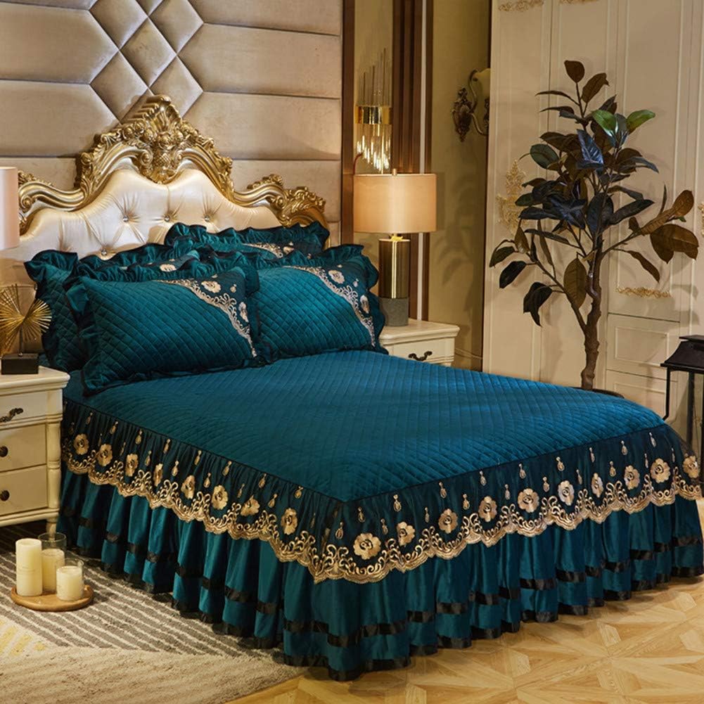 Luxury Velvet Bed Sheet, Thick Quilted Fitted Bedspread Dust Ruffle Bed Skirt 3 Side Coverage Frilled Valance Fitted Sheet,non Slip Soft Wrinkle Free Pleated Bed Skirt-greenb 200x220cm(79x87inch)