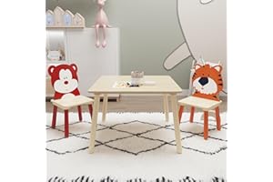 AOCOROE 3 Piece Wood Table & Chair Set for Age 2-6 Boy Girl, Wood Activity Table Drawing Play Table Set w/ 2 Animals Chairs for Home, Nursery, Kindergarten, Age 2-6 Boy Girl Activity Table Chair 3 Pieces Set