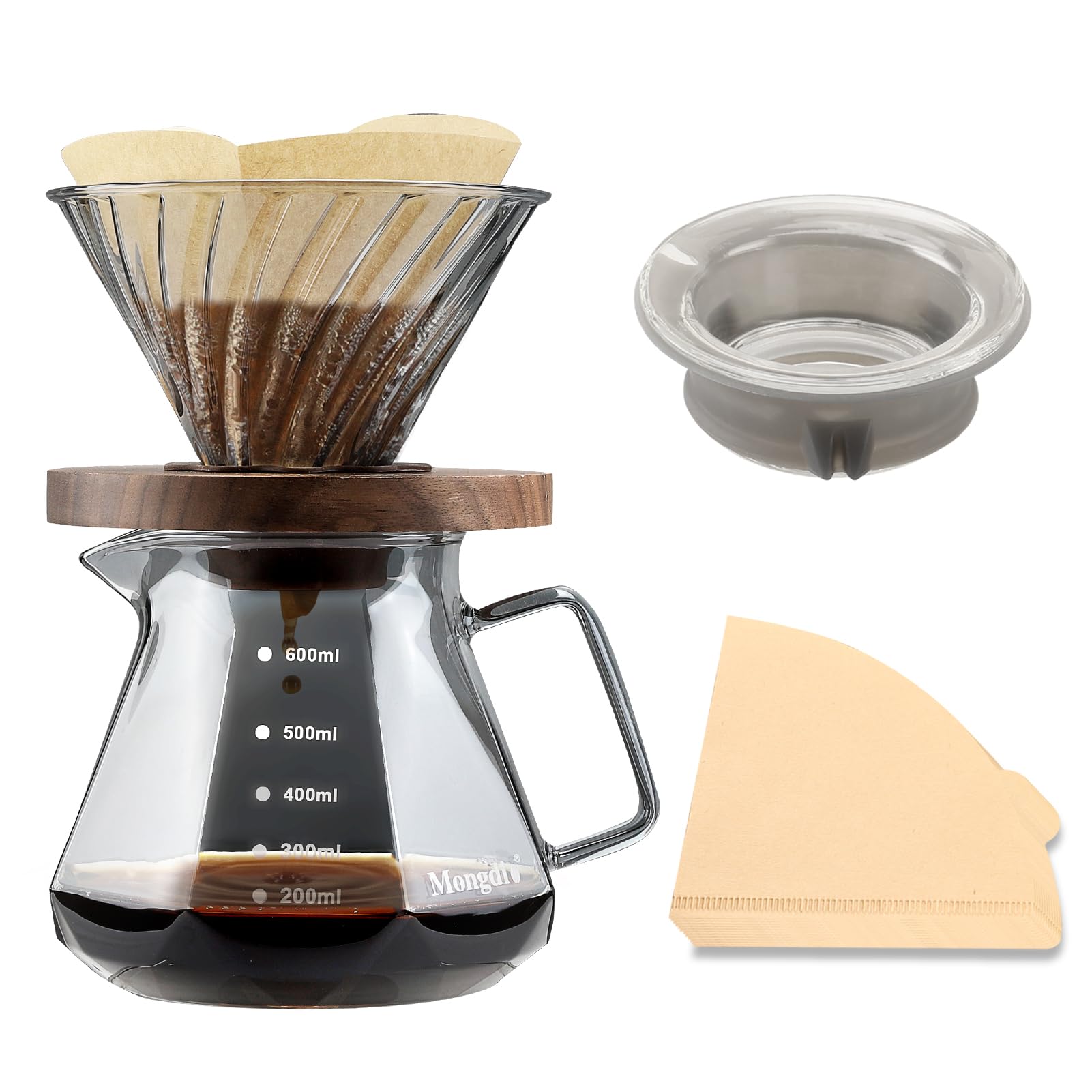 Photo 1 of Mongdio Pour Over Coffee Maker, 20 oz High-Heat Borosilicate Glass Coffee Maker with 100pcs V60 Paper Filters, Walnut Handle & Glass Lid, Drip Coffee Maker Set for Home Café Restaurant - 600ml, Gray