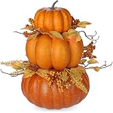 Arborus Artificial Pumpkin Fall D&eacute;cor - Autumn Table Centerpieces with Faux Berries, Maple Leaves, Stacked Pumpkins &ndash; Halloween, Thanksgiving &amp; Harvest Home Decoration