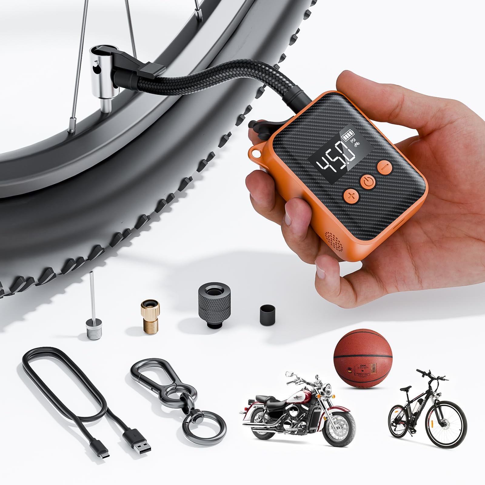 Electric Mini Bike Pump 130 PSI, Portable Bike Tire Pump with Gauge, Rechargeable Tiny Bicycle Inflator, Auto-shutoff Air Pump for Mountain/City/Road Bike with Presta & Schrader Valve (Orange)