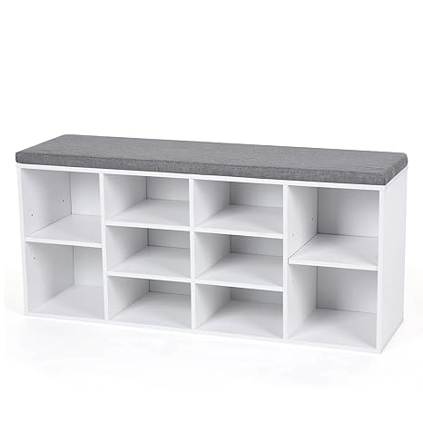 VASAGLE Schuhbank Schuhschrank mit Sitzkissen aus Holzspanplatte Flur Diele Schuhregal Bank 104 x 48 x 30 cm (B x H x T) weiß