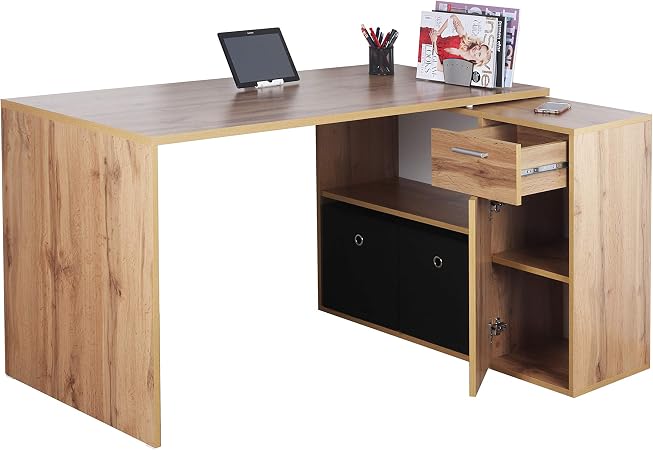 Mutatio Winkelschreibtisch Eckschreibtisch 185x185 Cm – Sonoma-Eiche/Grau, Höhenverstellbar, Robust, Mit Rollcontainer & Regal