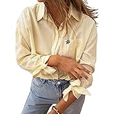 WDIRARA Women's Striped Button Down Shirts Tie Cuff Long Sleeve Blouse Collared Top