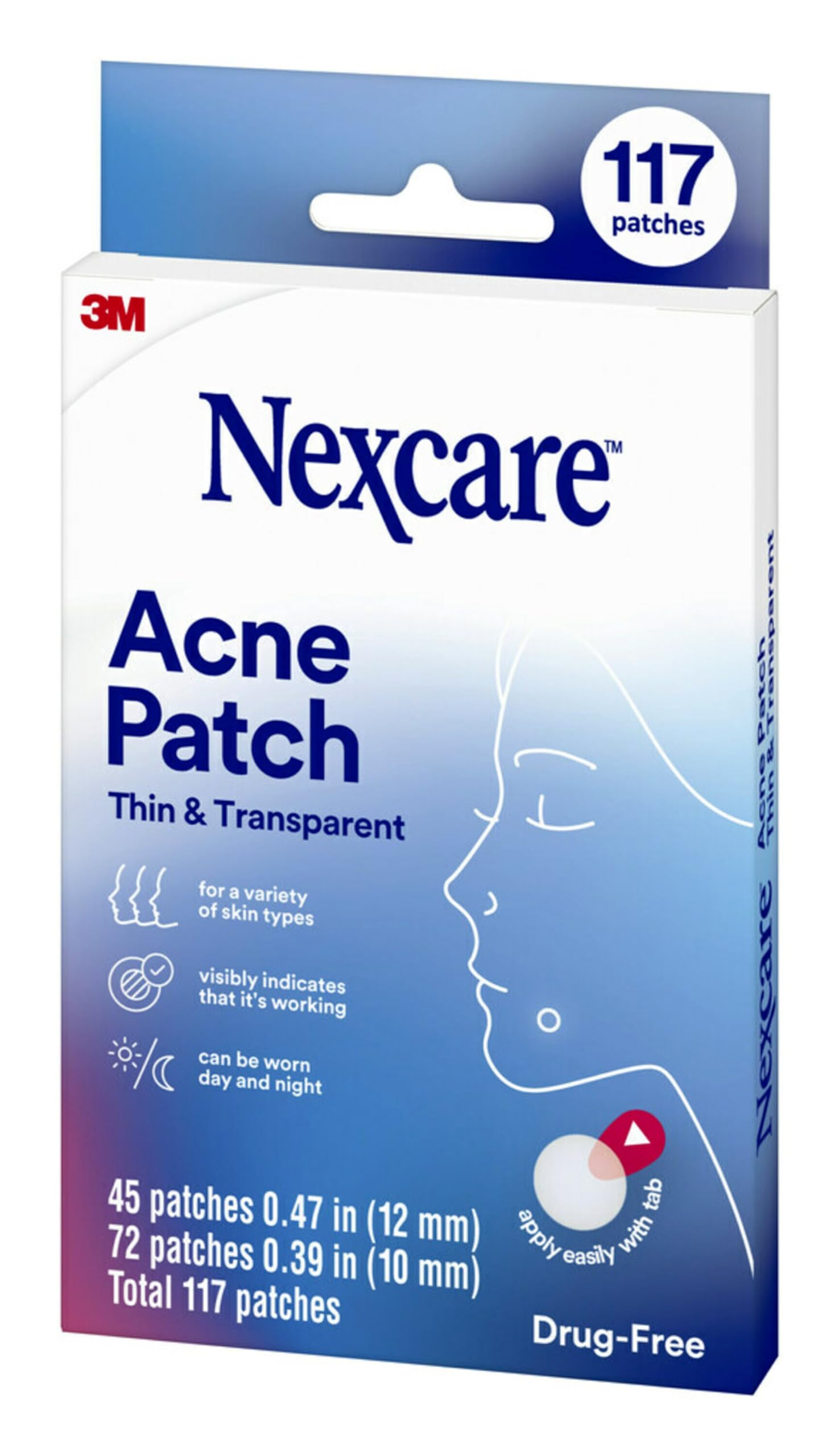 Nexcare Thin and Transparent Acne Patch, Skin Cover Absorbs Pus and Oil from Clogged Pores, Made with hydrocolloid, tab Allows for Easy Removal from Liner - 117 Pimple Patches