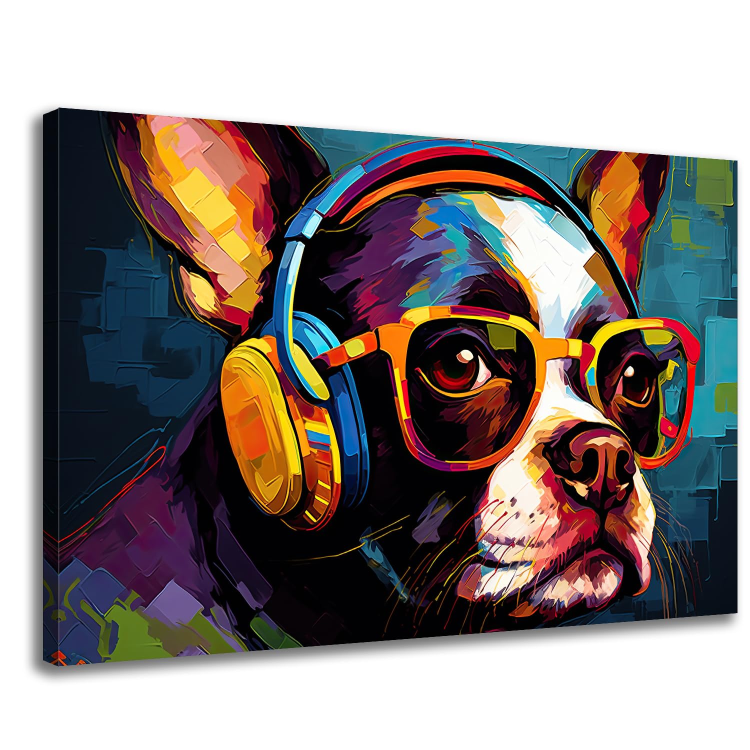 GLOKAKA Colorful Dog Painting, Graffiti Canvas Wall Art, Modern Pop Art With Glasses Picture Artwork, Funny Animal Painting for Home Bedroom Bathroom Office Decor - 18x12