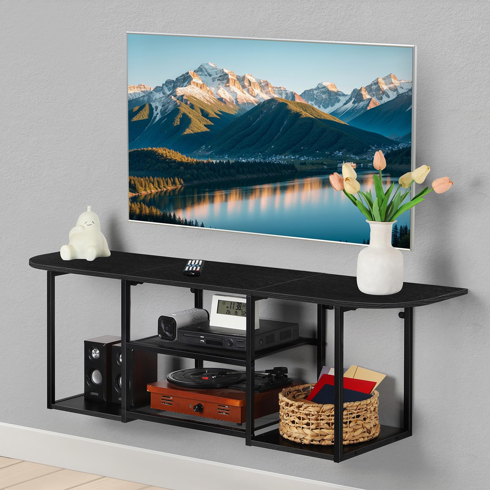 Photo 1 of Floating TV Stand for Under TV Floating TV Shelf Wall Mounted Entertainment Console Center Media Table with Storage for Under TV Living Room Bedroom Office, Black