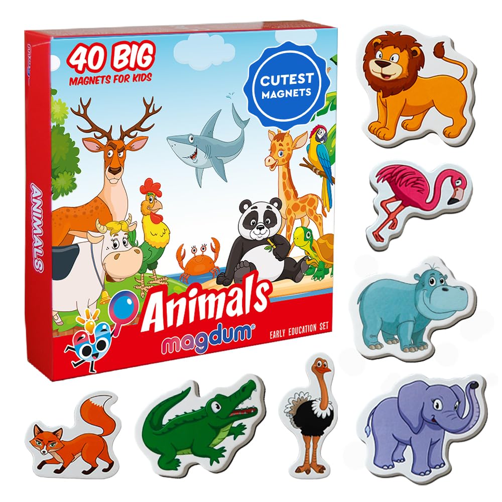 Farm Zoo & Sea Animal Magnets for Kids - Magdum - 40 Fridge Magnets - Wildlife Learning Toy for Toddlers - Educational Preschool Set - Cute Farm & Ocean Animals - Strong Durable Safe Magnets