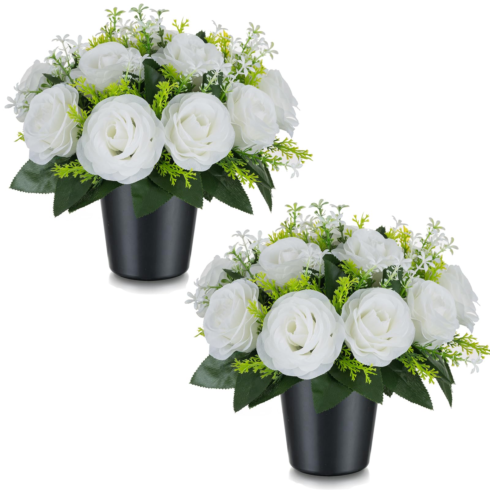 BLOSMON Artificial Grave Flowers Pots: 2 Pcs White Rose Silk Cemetery Flower Funeral Outdoor Decoration Memorial Floral Decorative Graveside Ornaments Fake Bouquet