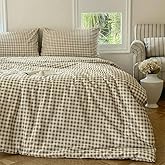 NSNLGSGC Tan Gingham Cotton Duvet Cover Set King, 100% Washed Cotton Plaid Comforter Cover Set,Brown Ultra-Soft & Lightweight Cottage Bedding Set(3PCS, King)