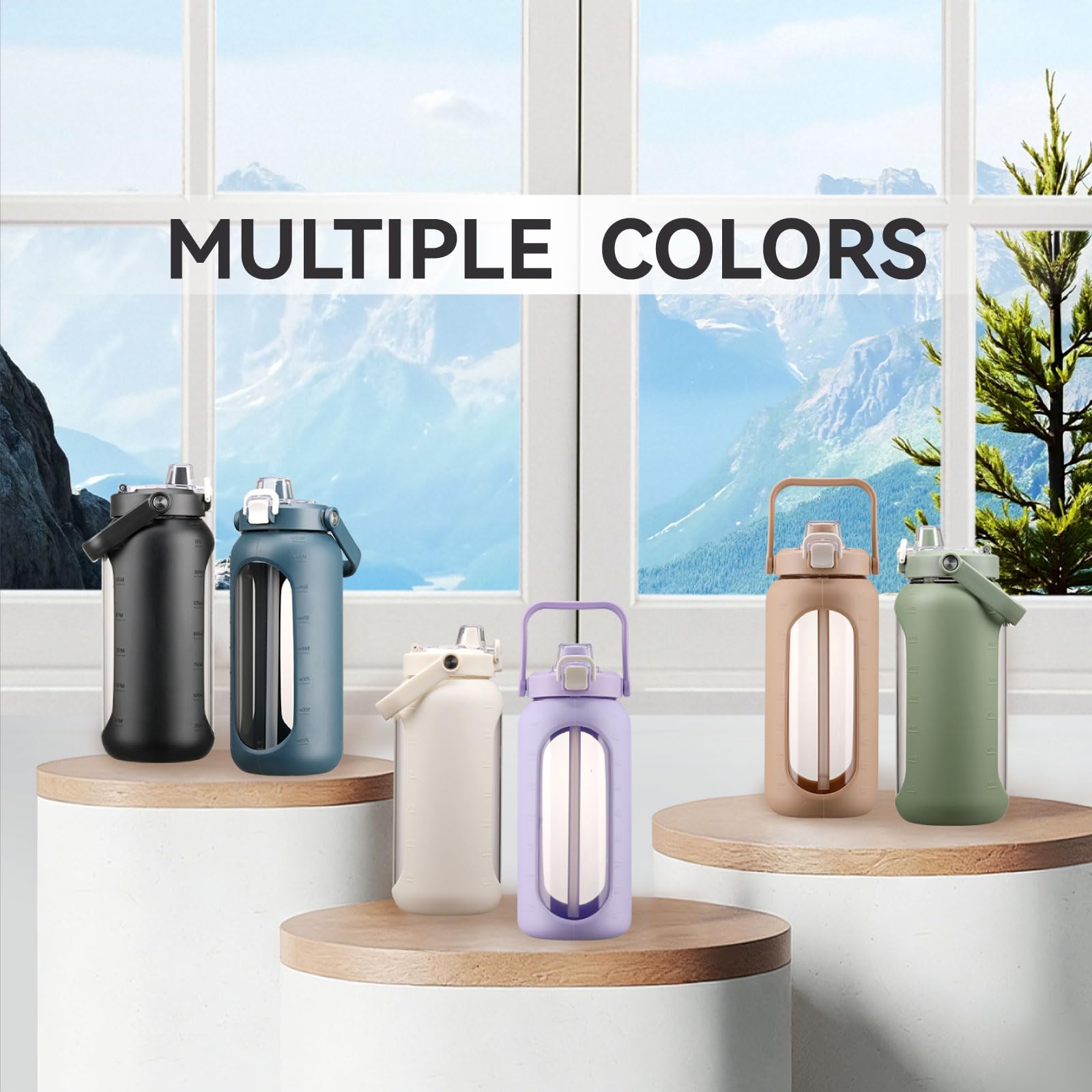 BLUEGO 2L Wasserflasche mit Strohhalm und Griff, Borosilikatglas Trinkflasche mit Silikonhülle für Sport und Reisen, Auslaufsicher, BPA-frei, Olive 8