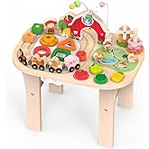 Activity Table for 1 Year Old, Baby Wooden Sensory Table with Bead Maze Shape Sorter Train Track for Toddler, Farm Montessori