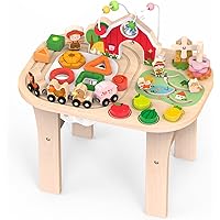 Activity Table for 1 Year Old, Baby Wooden Sensory Table with Bead Maze Shape Sorter Train Track for Toddler, Farm Montessori