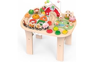 Weilim Activity Table for 1 Year Old, Baby Wooden Sensory Table with Bead Maze Shape Sorter Train Track for Toddler, Farm Montessori Toy Activity Center Educational Learning Toys for Kids 12+ Months