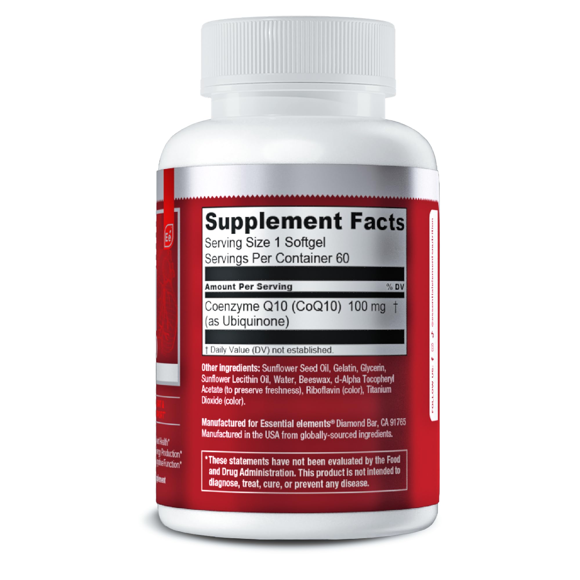 Essential Elements CoQ10 100mg Softgels for Heart, Brain, and Vascular Support - Comprehensive Coenzyme Q10 Supplement Formulated for Optimal Absorption - 60 Count, 2 Month Supply