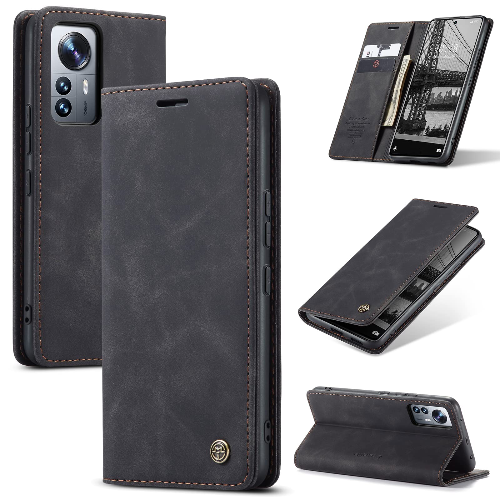 UFinetech Case for Xiaomi 12 Lite, Leather TPU Cover for Xiaomi 12 Lite 5G/ 4G, Flip Magnetic Closure Kickstand Card Holder Wallet Slim Soft Shockproof Anti-scratch Camera Protector Shell 2022, Black โ image 1