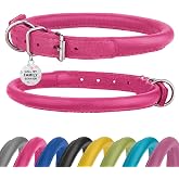 Rolled Leather Dog Collar, ID Tag (14-17", Pink) | Soft Round Design Prevents Tangling &amp; Matting, ID Tag, Fits Small to Large Dogs