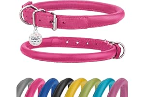 BRONZEDOG Rolled Leather Dog Collar Soft Round Collars, ID Tag for Small Medium Large Dogs (9-12 inch, Pink)