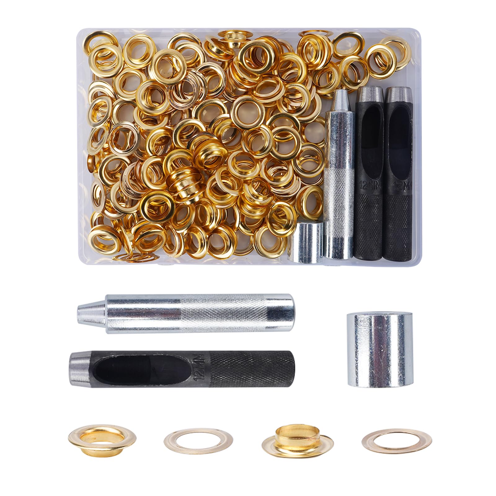 KJLEEN 140 Sets 12mm Grommet Tool Kit Gold Eyelet Punch Kit, Brass Grommets Eyelets Set, Metal Grommet Eyelet Kit for Fabric Canvas Curtains Tarpaulins Awnings Leather Clothing Bag Craft (Gold)