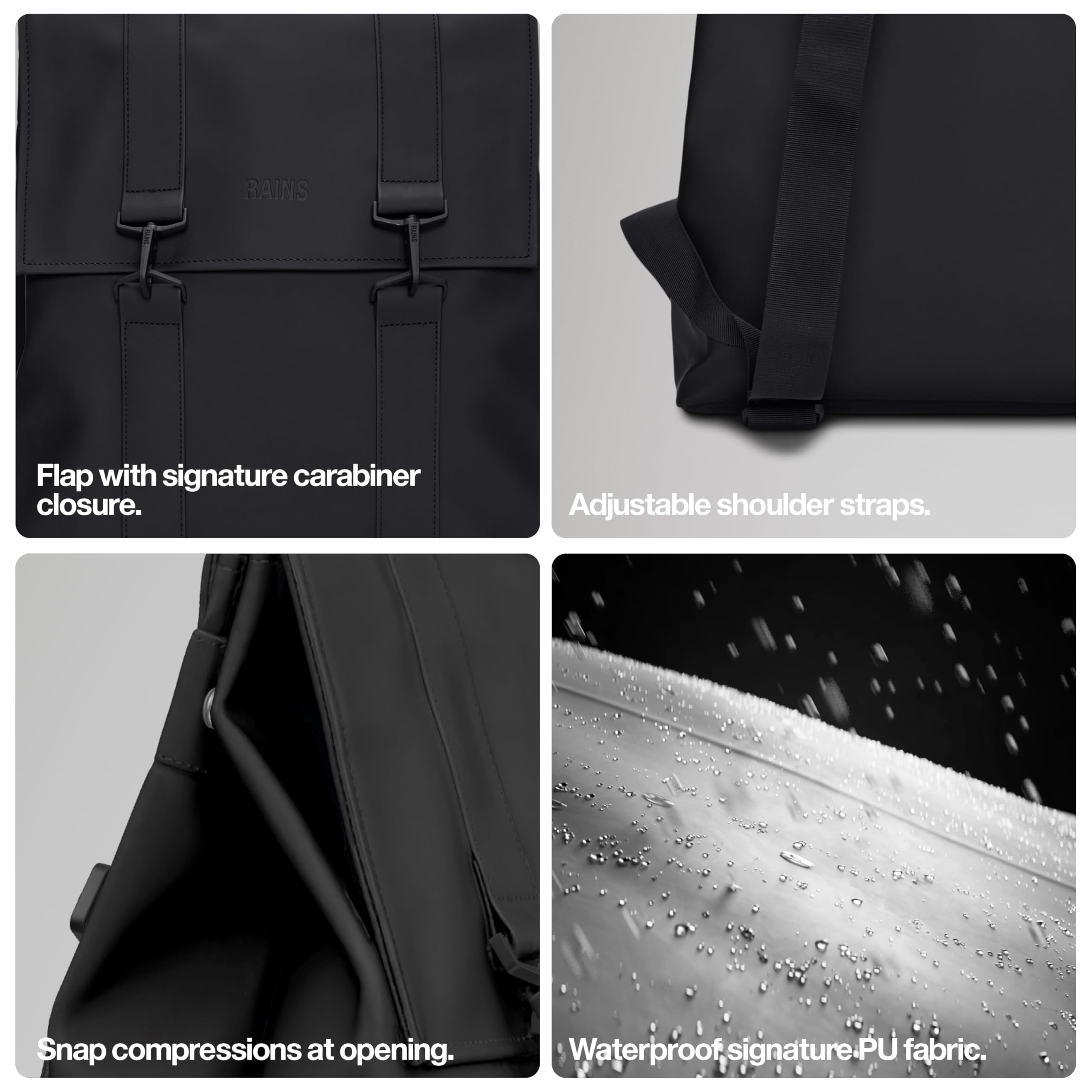 RAINS Messenger Bag, Backpack, Waterproof Classic Contemporary for travel and everyday use - Black