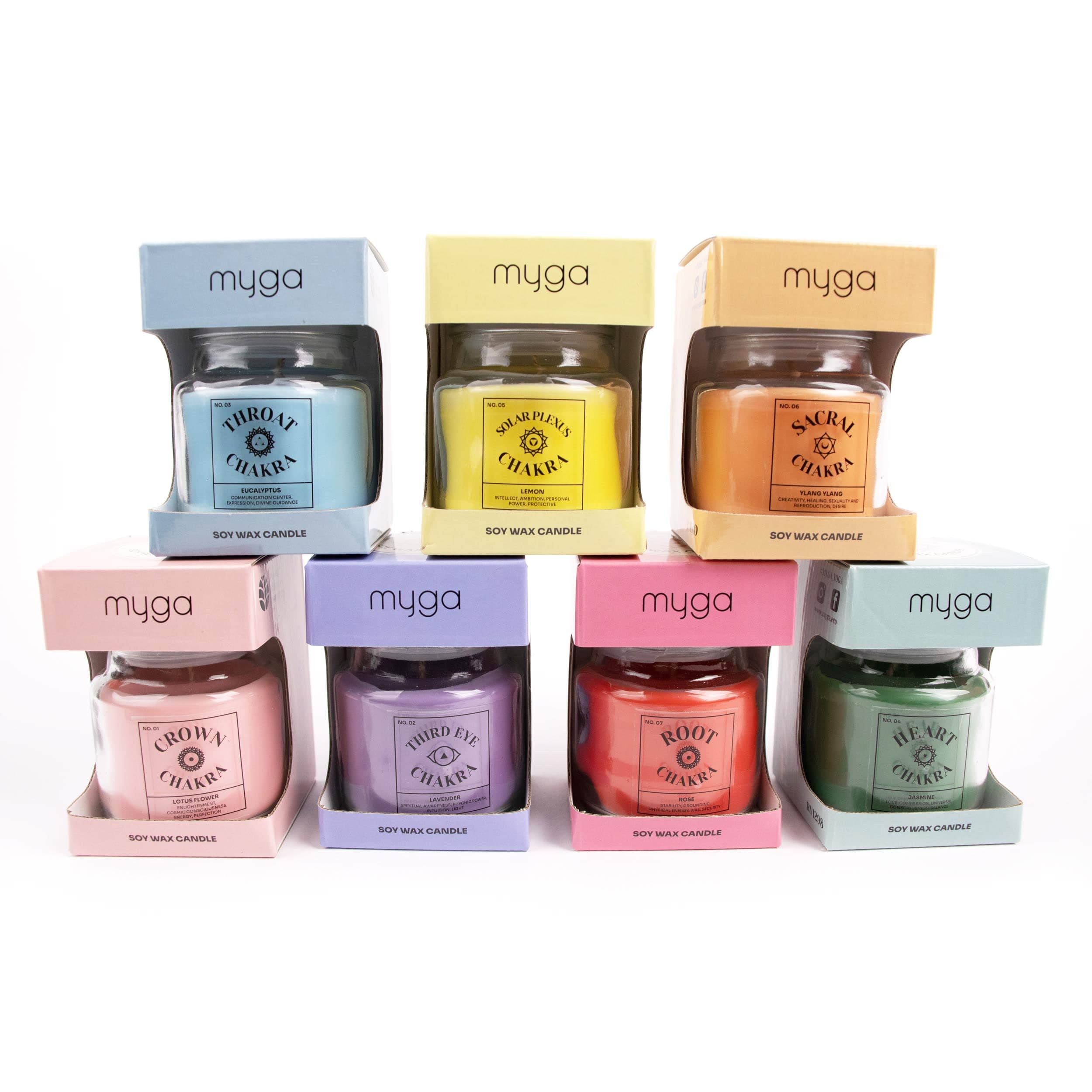Myga Scented Candle Set - 7 Chakra Candles with Soy Wax & Essential Oil Blend, 100% Vegan and Eco-Friendly - Perfect for Relaxation, Yoga, Meditation & Aromatherapy - Sold as a Set