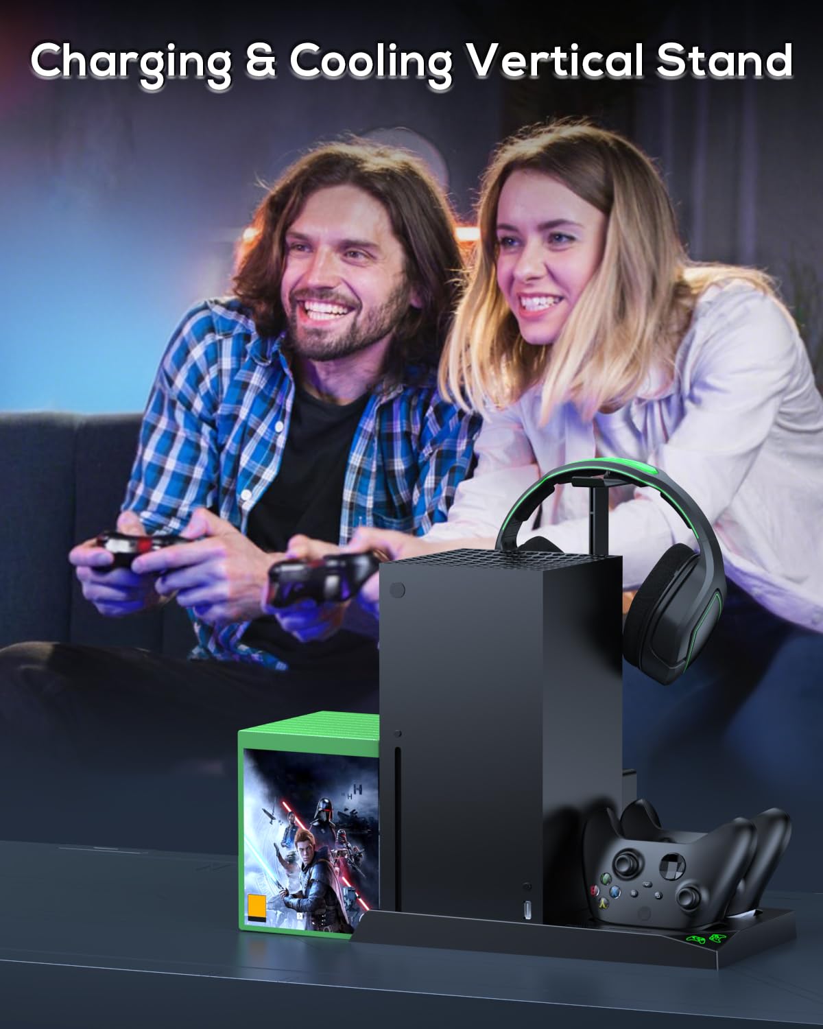 MENEEA Ständer mit Lüfter für Xbox Series X Zubehör, 5 in 1 Vertikale Dual-Ladegerät mit Controller Ladestation, 2stk 1400mAh Akkus,Konsole Kühler, Headset-Halterung und Spiele-Aufbewahrung (Schwarz) 8