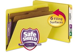 Smead 100% Recycled End Tab Pressboard Classification File Folder with SafeSHIELD Fasteners, 2 Dividers, 2" Expansion, Letter Size, Yellow, 10 per Box (26789)