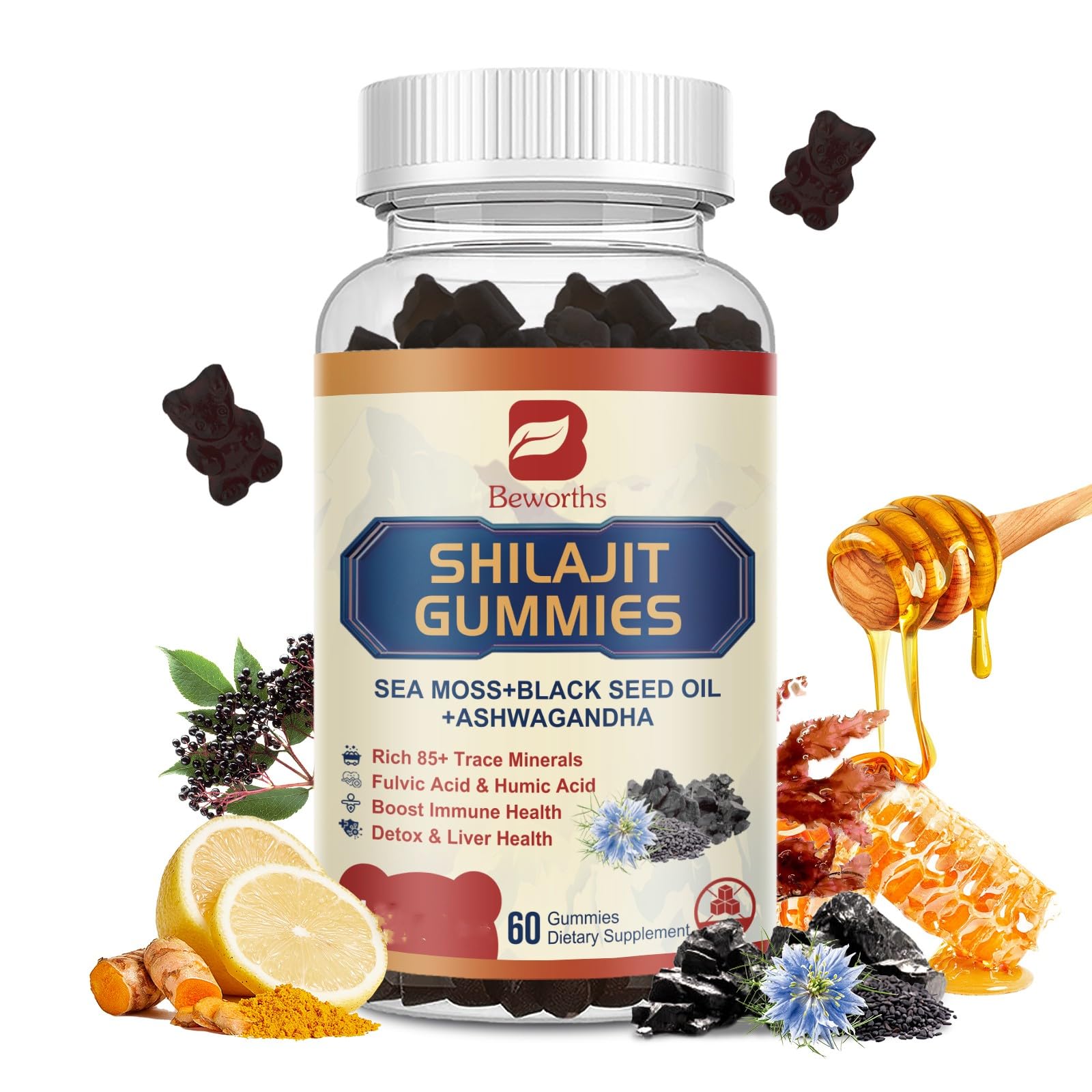 Shilajit Gummies for Men Women | 13-in-1 Shilajit Resin gummy with Irish Sea Moss, Ashwagandha, Black Seed Oil, Panax Ginseng, Honey, 85+ Trace Minerals & Fulvic Acid Supplement for Energy, Gut Health