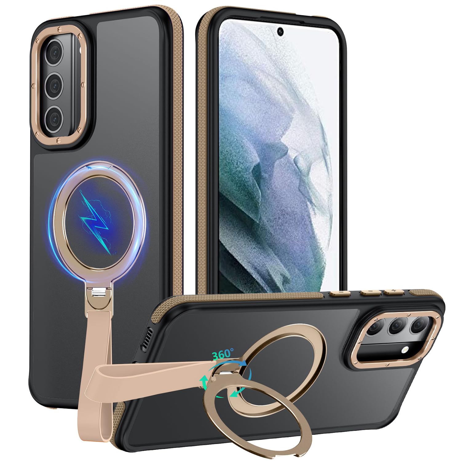 Mondelete 360°Spin Magnetic Stand with Silicone Strap for Samsung Galaxy S21 Case [Fit for MagSafe], Mil-Grade Shockproof Translucent Slim Phone Case with Kickstand&Ring Holder1 (Desert Gold1)