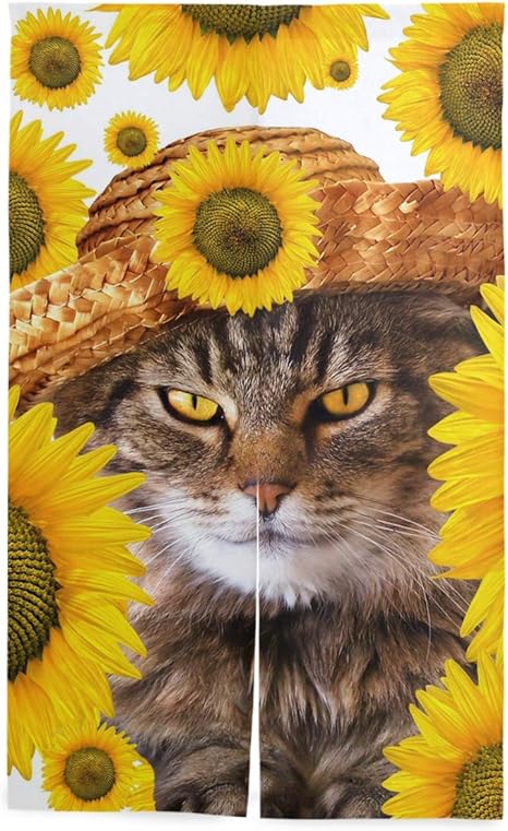Amazon Naanle 猫 向日葵 のれん おしゃれ ロング 目隠し 間仕切り 綿麻 猫 ネコ 向日葵 ひまわり 暖簾 ドア カーテン 障子 戸口 居間 出入り口 玄関 小窓 リビング キッチン 台所 部屋 着替え室 洋室 和室 居酒屋 料理屋 室内