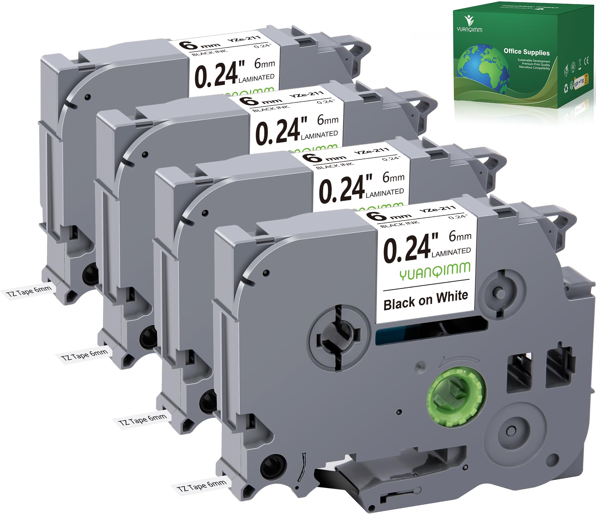 Photo 1 of ***ONLY 2  PACK****YUANQIMM 4-Pack TZe211 6mm 0.24 Label Tape Compatible for Brother Label Maker Tape TZe-211 TZ-211 TZ211 for P-Touch PTD220 PTD610BT PT-D410 PT-P710BT PTH110, 1/4 Inch x 26.2 Feet
