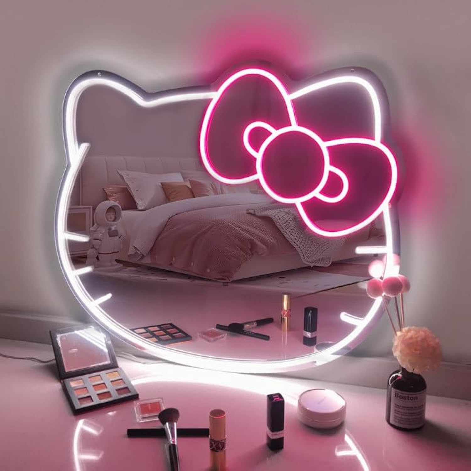 BDUN Anime Hello Kit Cute Cat Neon Sign Vanity Mirror 16"x14" LED Neon Lights with USB Dimmable Light Wall Mirror for Bedroom Living Room Room Decor Dresser Girls Gift