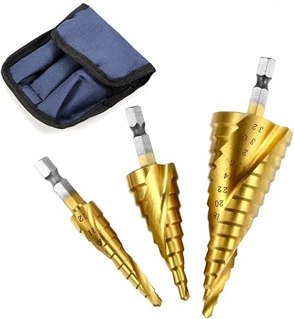 Amazon Co Jp ステップドリル チタンコーティング 3本セット スパイラルドリル タケノコ 六角軸 収納ポーチ付き Hss鋼 穴あけ Diy 電動工具 大 4 32 Mm 15レベル 中 4 Mm 9レベル 小 4 12 Mm 5レベル Diy 工具 ガーデン