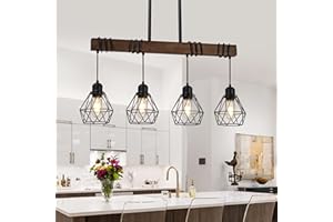 XVMBVM Dining Room Retro Light Fixture Hanging for Modern Farmhouse 4-Lights Kitchen Island Lighting,Modern Chandelier Over Table Linear Chandeliers Black Rustic Wood Ceiling Pendant Light Fixtures