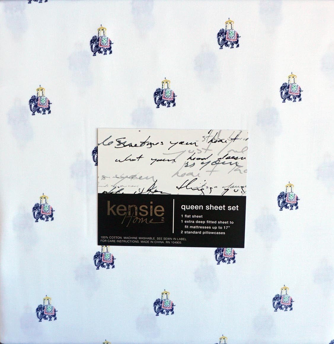 Kensie Bedding 4 Piece Cotton Queen Sheet Set Solid White With Blue Indian Elephants Kitchen Dining Amazon Com