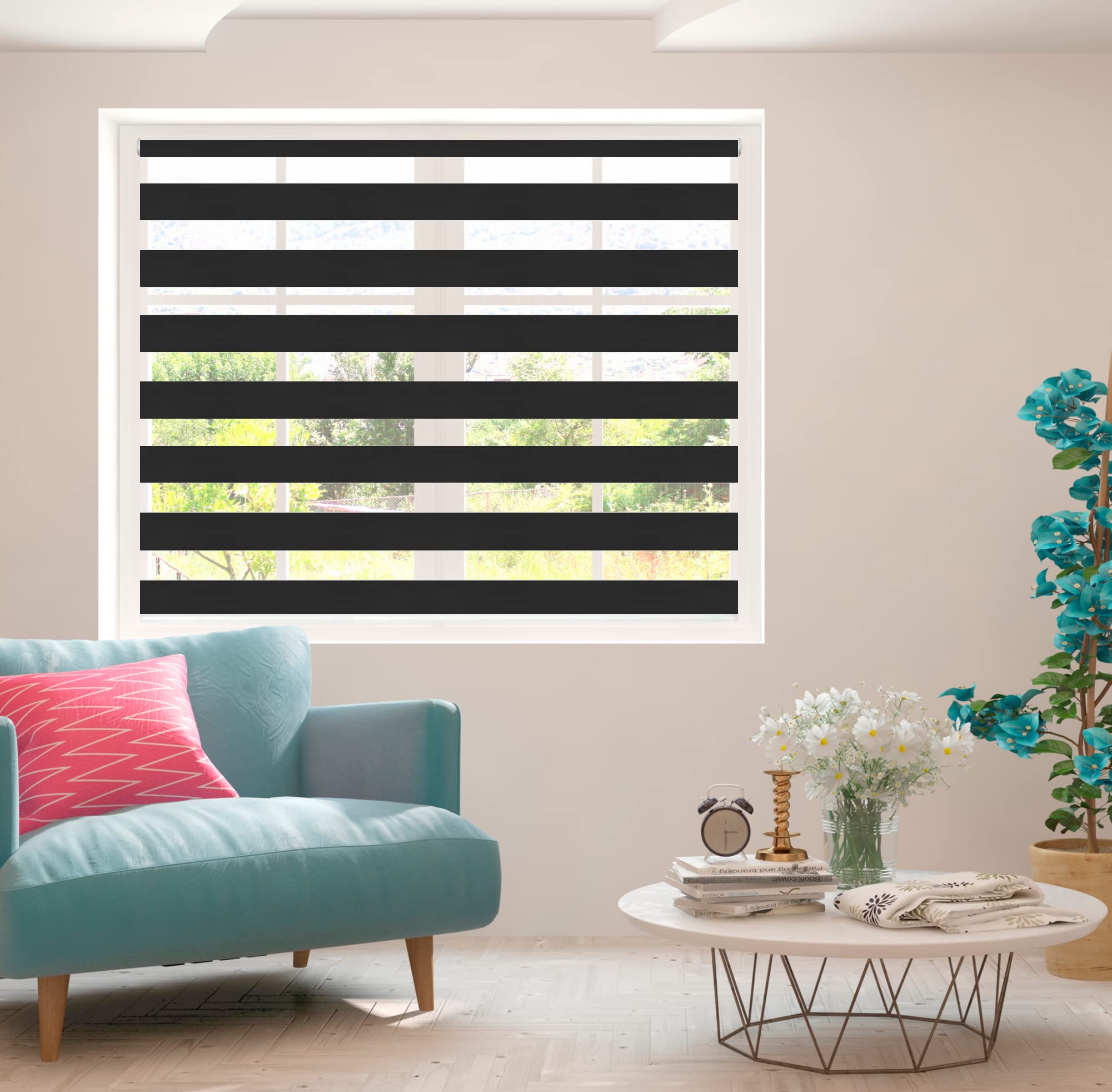 Zebra Blind - Day and Night Roller Blinds, Elegant and Durable Zebra Roller Blinds for Bedroom, Kitchen, and Office, Easy to Clean, 150 cm Drop, Black, 55cm Width