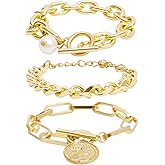 LOIJADE Gold Chunky Chain Bracelet for Women Charm Boho Bracelet for Women Flat Cable Chunky Chain Bangle Set of 4