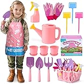 JOI MEW Kids Pink Gardening Tools Set, Garden Toys w/Metal Rake, Shovel, Trowel, Watering Can, Gloves, Tote Bag, Plant pots,
