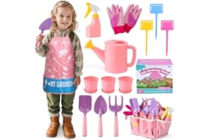 JOI MEW Kids Pink Gardening Tools Set, Garden Toys w/Metal Rake, Shovel, Trowel, Watering Can, Gloves, Tote Bag, Plant pots, DIY Bookmark Kits, Spring Summer Toy Outdoor Gift for Toddler Boy Girl