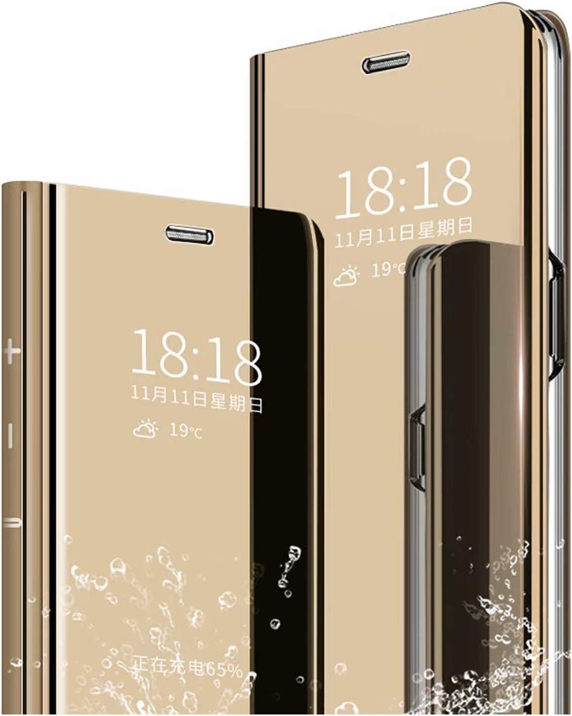 DCTxie Oppo Find X2 Pro Mirror Flip Case, Slim Fit Luxury Electroplate Plating Kickstand Case Smart Clear View Cover Full Coverage Hard Shell for Oppo Find X2 Pro, Gold