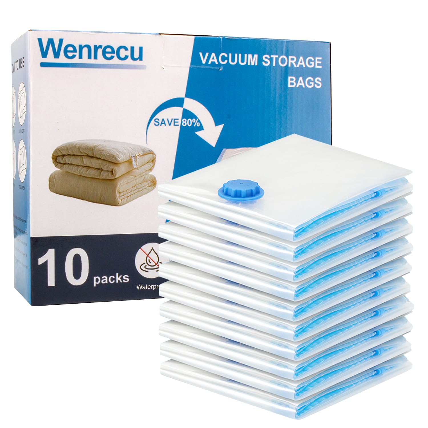 Wenrecu Vacuum Bags for Clothes - 10 Packs Reusable Clothing Storage Bags Vacuum Bags with Seal and Space Saving Travel Bags (30X40CM)
