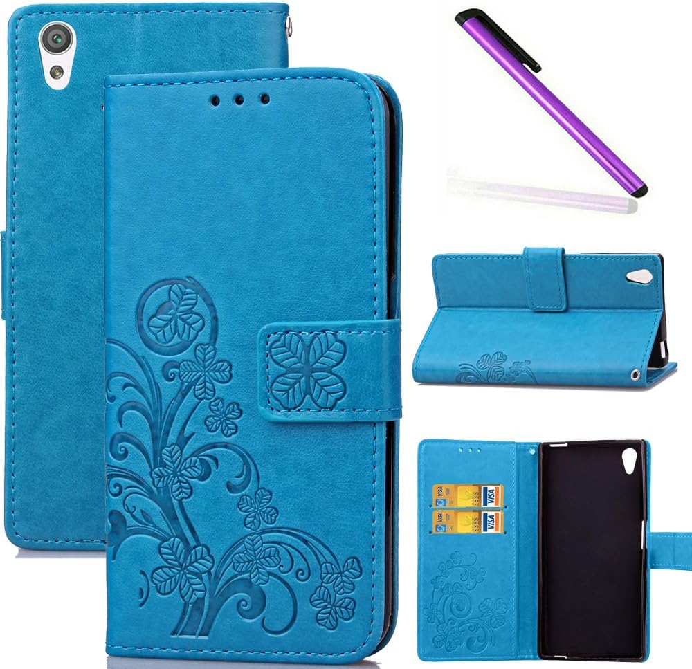 COTDINFOR Sony Xperia XA Case Wallet Bookstyle Pu Leather Flip Magnetic Strap Stand Case for Girls Elegant Retro Lucky Clover Design Shockproof Slim Cover For Sony Xperia XA clover Blue SD