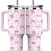 RHONGE Pink Bow Tumbler For Women, Christmas Stainless Steel Vacuum Tumbler 30 Oz, Birthday Christmas Graduation Gifts For Women Mom Sister Best Friends, Pink Bow Travel Coffee Insulated Cup