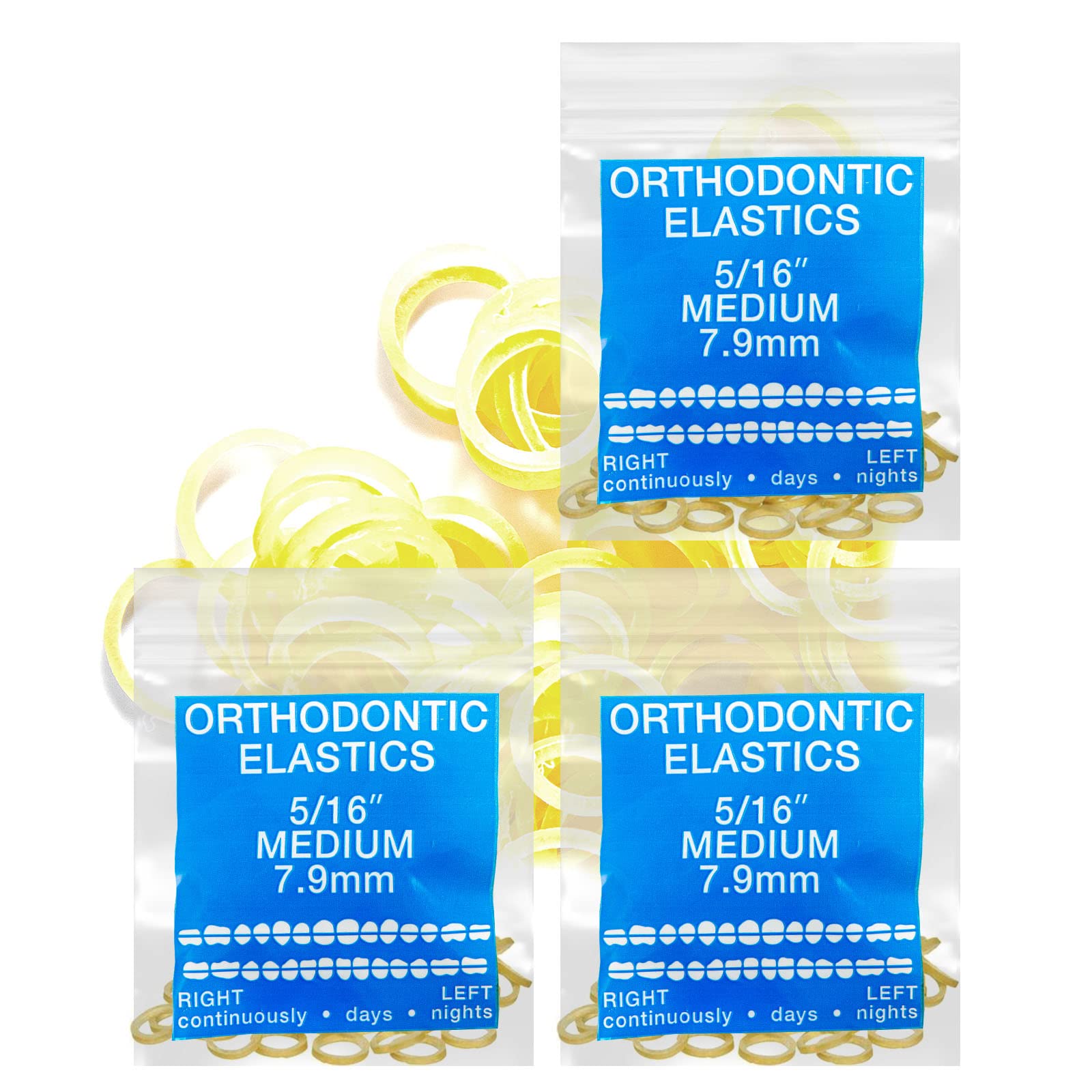 Latex Amber 3 Packs 300 counts 1/8inch/ 1/4inch 5/16inch 3/16inch/ heavy/ medium/ light Intraoral Elastic Bands Unimedic Orthodontic Elastics Dental Rubber Bands Made in US (MEDIUM, 5/16inch, 8mm)