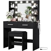 YESHOMY Vanity Desk with Mirror, Makeup Table, Pure Black | 2 Large Drawers, Power Outlet and Round Holder, 3 Color Modes Adjustable Bulb, Bench Included