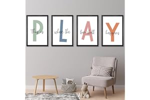 LuZhiQiang Playroom Wall Art Decor This Is Where The Fun Stuff Happens Sign Colorful Letters Decor 4 Piece 16"×11" for Toddler Modren Nursery Children Prints Small Wood Framed Wall Hanging (Black)