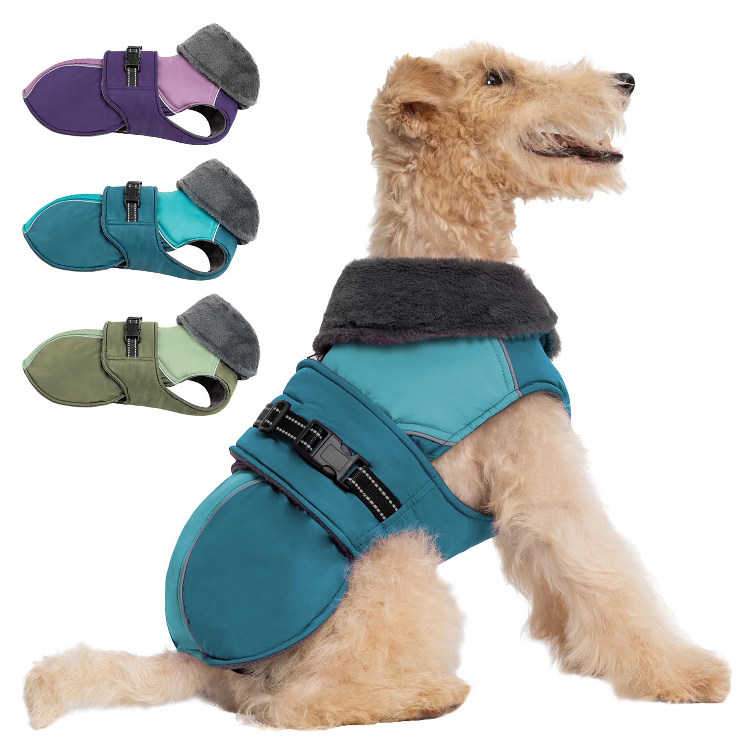 Aimydog Winter Coat, Dog Jacket with Zippered Leash Hole, Reflective Adjustable Snow Jacket, High Collar Cozy Dog Winter Clothes for Sizes Small to 3XL, Blue