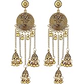 Indian Bell Jhumka Earrings for Women Vintage Statement Bells Chandelier Long Tassel Dangle Drop Earrings for Ethnic Style Gypsy Wedding Bridal Party Christmas Holiday Fashion Jewelry Accessories